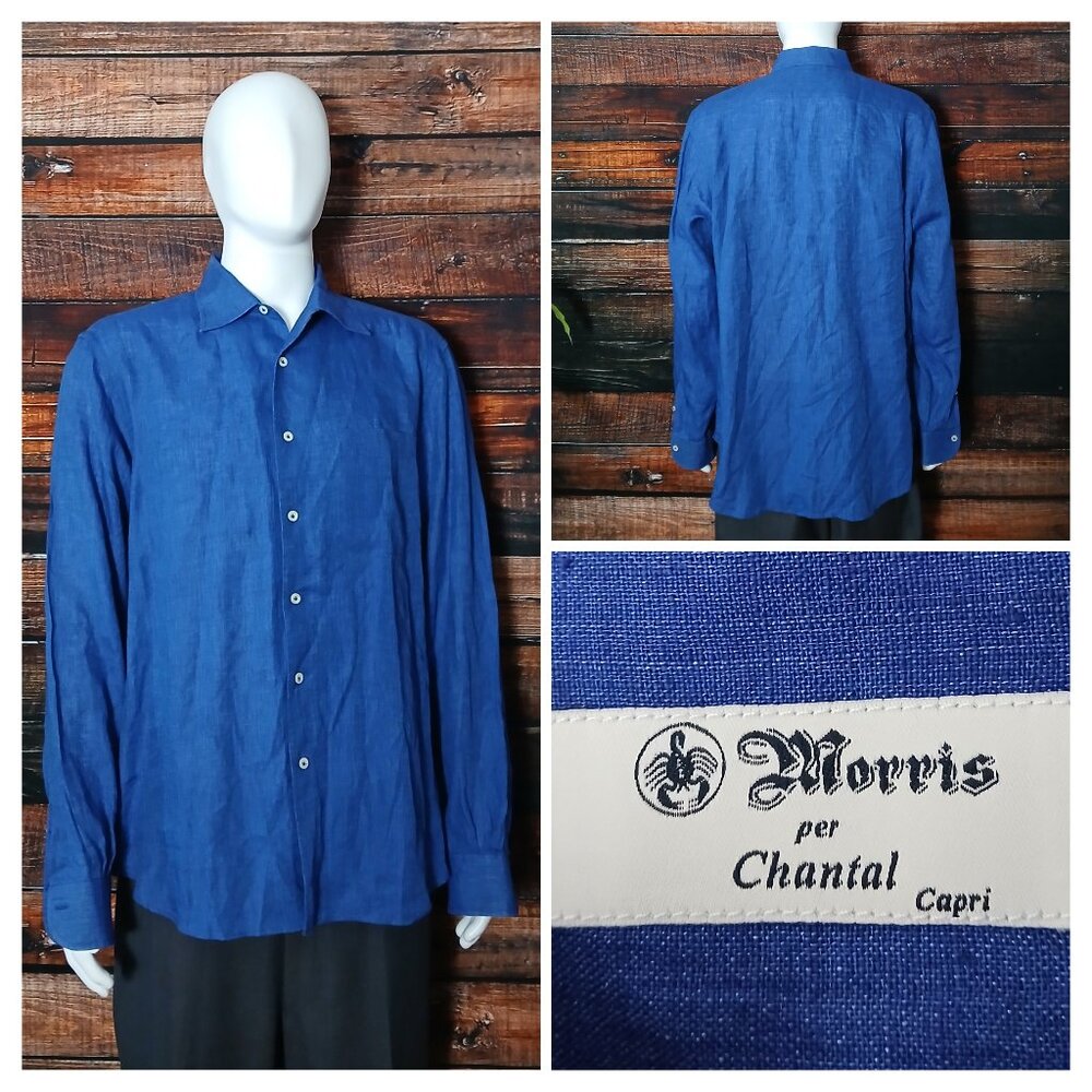 Morris Per Chantal Capri Shirt Men XL Blue 100% Linen Made In Italy Button Front